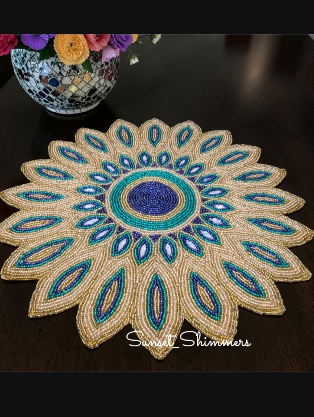 4pc Peacock Colored Jeweled Beaded Placemats Chargers Set 15" NEW
